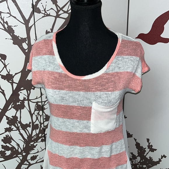 Jella Couture Coral Pink & Cream Size Small Striped Short Sleeve Blouse $25 - Picture 2 of 11